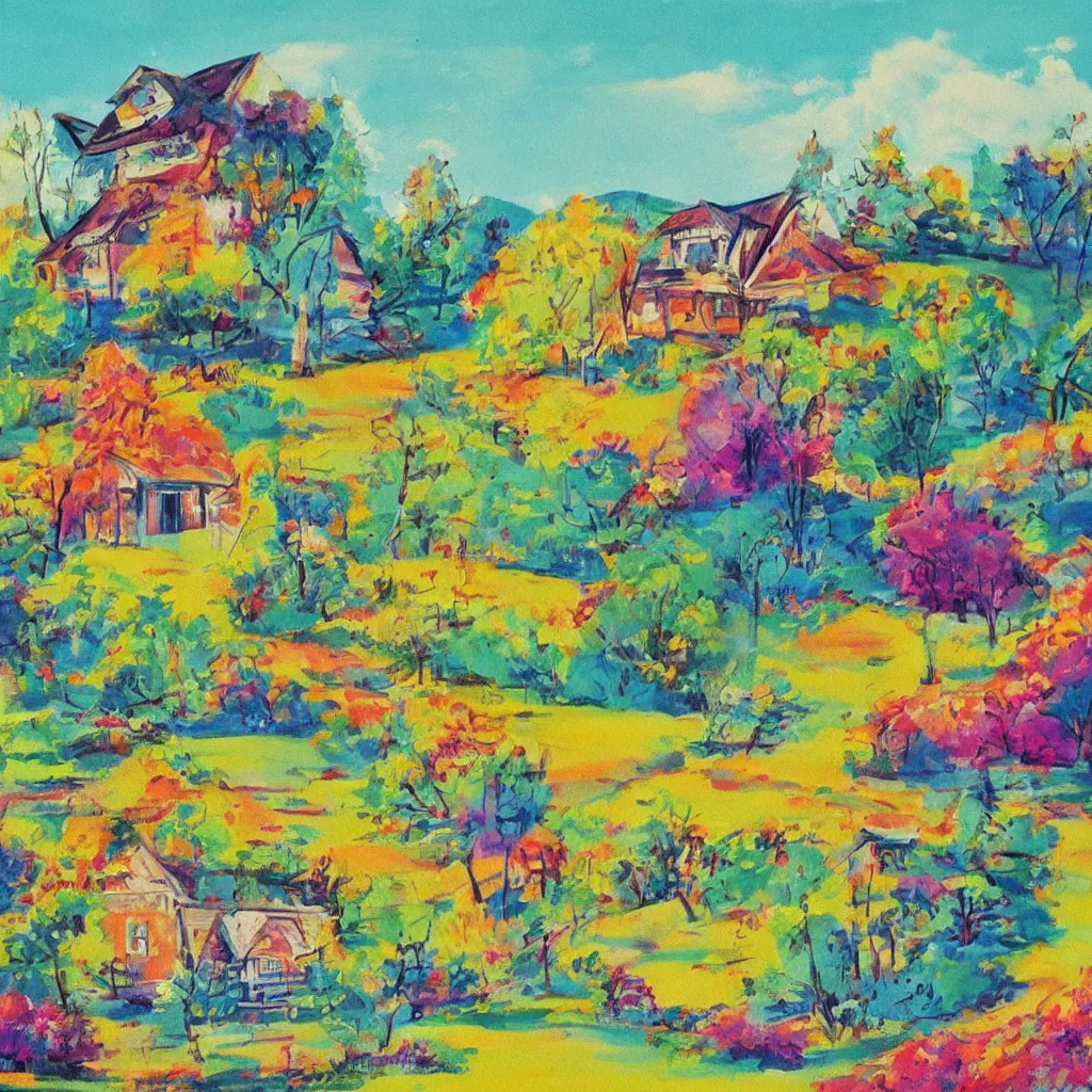 Prompt: beautiful painting of a house in a serene landscape, 60s kitsch and psychedelia