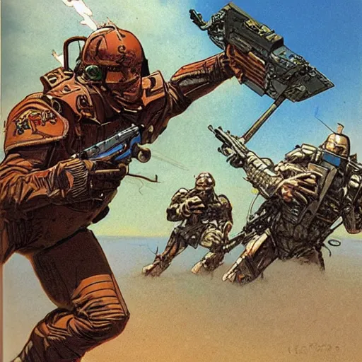 Image similar to futuristic doppelsoldner in combat by James Gurney and moebius.