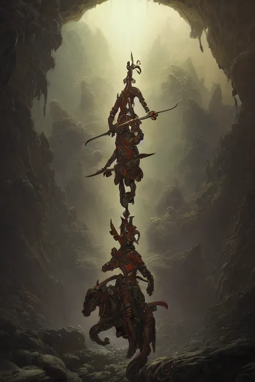 Image similar to a photographic portrait of The Ultimate Warrior, carrying swords on his back, standing under a beam of light, a dark cave, intricate, elegant, highly detailed, ornate, beautifully lit, ray traced, octane render, in the style of Peter Mohrbacher and Peter Gric