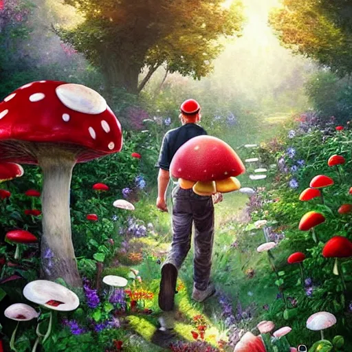 Image similar to portrait of Mario, walking through a garden of exotic flowers in the Mushroom Kingdom, giant red and white spotted mushrooms, and roses, from behind, Castle in distance, birds in the sky, sunlight and rays of light shining through trees, beautiful, solarpunk!!!, highly detailed, digital painting by Michael Garmash and Peter Mohrbacher