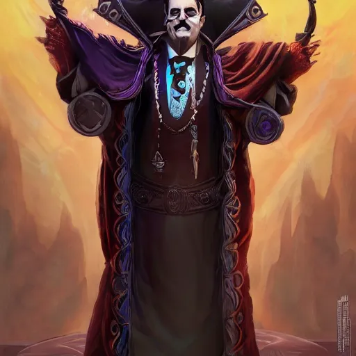 Image similar to gomez addams as a lich necromancer, made by carvaggio, stanley artgerm lau, wlop, rossdraws, artstation, cgsociety, concept art, cgsociety, octane render, trending on artstation, artstationhd, artstationhq, unreal engine, 4 k, 8 k