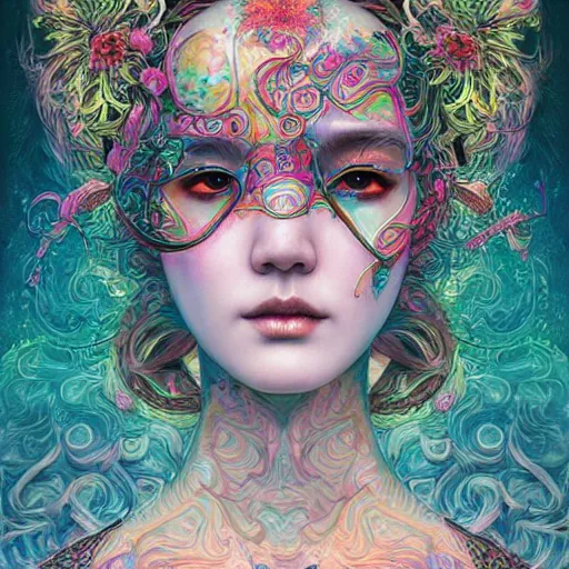 Image similar to portrait of park min young, hyper detailed masterpiece, neon floral pattern, jean giraud, digital art painting, darkwave goth aesthetic, psychedelic, artgerm, donato giancola and tom bagshaw