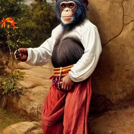 Image similar to beautiful painting by sophie anderson of a chimpanzee wearing traditional men kurdish clothes shalvar baggy pants and white shirt with a large sash tied around the waist in a kurdish village, award winning art, insanely detailed, bright colors, global illumination, cute, young, stunning