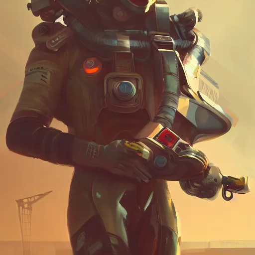 Prompt: concept art of cyberpunk pilot fighter by jama jurabaev, brush stroke, trending on artstation, symmetry, high quality, extremely detailed