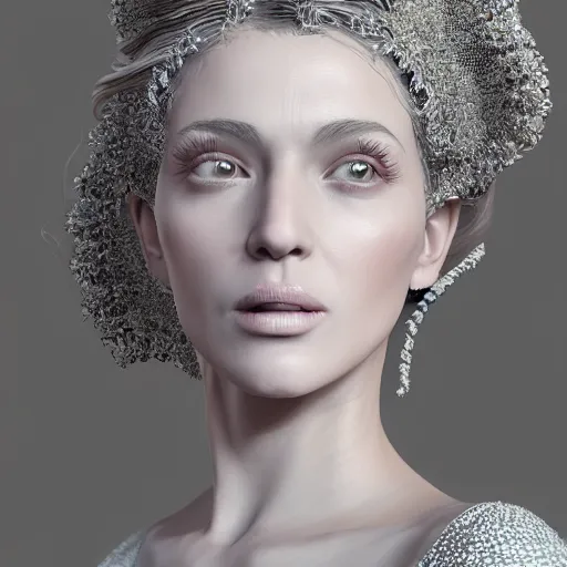 Image similar to beautiful woman portrait, full shot, ornated, intricate detailed gown, art station inspired octane render 3 d