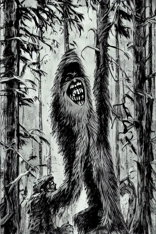 Image similar to mad bigfoot screaming in the woods artwork by ben templesmith