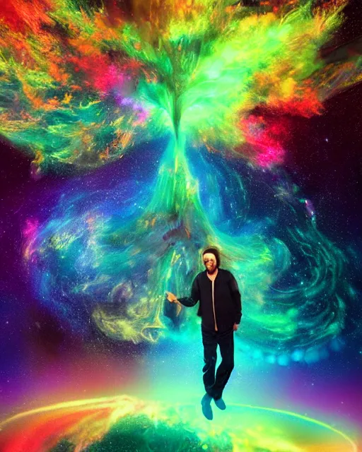 Image similar to alan watts floating in a nebula explosion wormhole portrait painting highly detailed procreate, 3d render senior artist, photorealistic, textured, featured on artstation