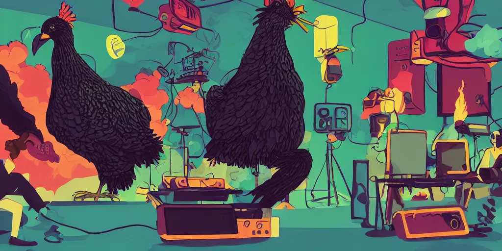 Image similar to 'black chicken!!!' smoking 'cannabis!!!!!!' in front of 'multi monitors!!!!!!' broadcasting studio, artwork by James Gilleard