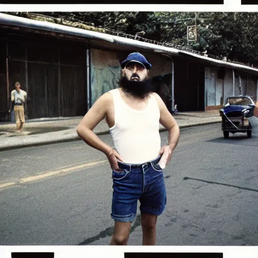 Image similar to fidel castro wearing denim shorts, full body portrait, 3 5 mm film, clear face, by nan goldin