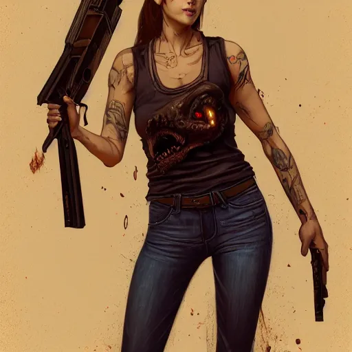 Prompt: Full body portrait of a beautiful young woman wearing a tank top and jeans shooting a Lovecraftian monster with a shotgun, horror, digital painting, detailed, artstation, Greg Rutkowski, Artgerm, Alphonse Mucha