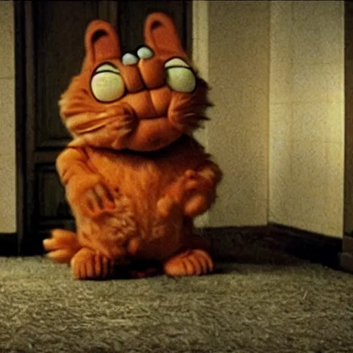 Prompt: garfield in a found footage horror movie, dark, scary