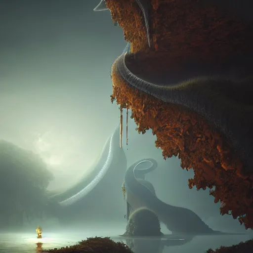 Image similar to infinite final fantasy denmark landscape, moody : : roger dean, michal karcz, sophie anderson, esao andrews : : ornate, dynamic, particulate, intricate, elegant, highly detailed, centered, artstation, smooth, sharp focus, octane render, 3 d