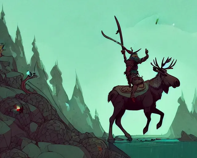 Image similar to cell shaded cartoon of a viking riding a moose, green mountain, subtle colors, post grunge, concept art by josan gonzales and wlop, by james jean, victo ngai, david rubin, mike mignola, deviantart, art by artgem