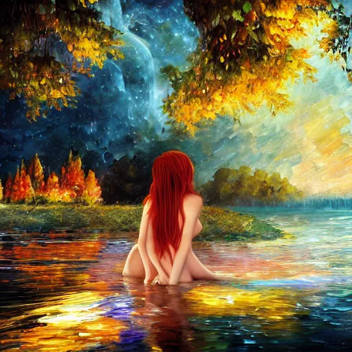 Image similar to redhead beautiful girl bathing in a river, night, moonlight, plus ultra cryengine render by android jones, james christensen, rob gonsalves, leonid afremov and tim white