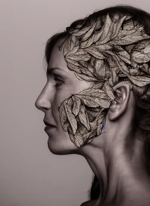 Image similar to a woman's face in profile, made of leaf skeleton, in the style of the Dutch masters and Gregory Crewdson, dark and moody