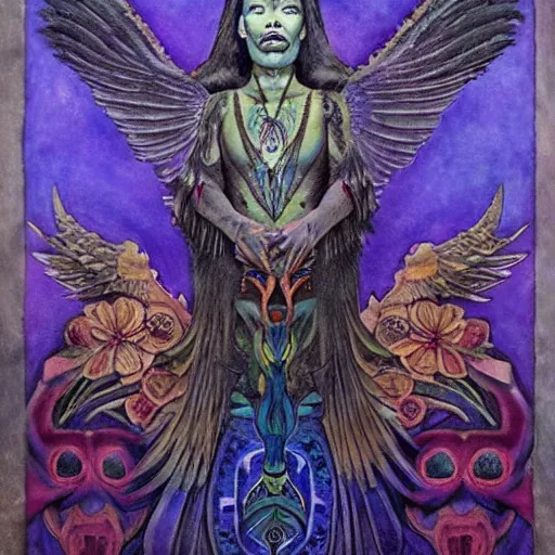 Image similar to the raven god-king, by Annie Swynnerton and Nicholas Roerich and Diego Rivera, bioluminescent skin, tattoos, wings made out of flowers, elaborate costume, geometric ornament, symbolist, cool colors like blue and green and violet, smooth, sharp focus, extremely detailed