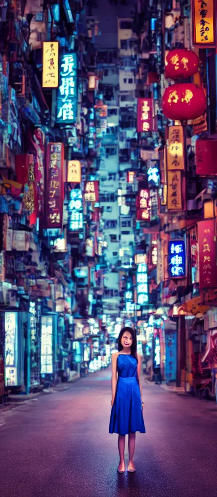 Prompt: a beautiful chinese young girl standing in the middle of a road on a night Hong Kong china town, blue color grading, cinematic color grading , unreal 5, hyperrealistic, realistic, photorealistic, dynamic lighting, highly detailed, cinematic landscape, studio landscape, studio lighting