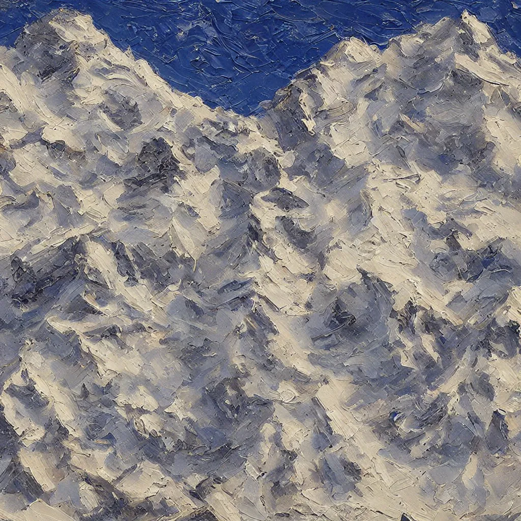 Prompt: texture of 3d high relief painting of jagged snow topped mountains seen from directly above ,painted in the style of the old masters, painterly, thick heavy impasto, expressive impressionist style, painted with a palette knife