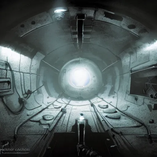 Image similar to Concept art, inside an narrow and dark room of an empty ussr submarine, messy, foggy, littles light shafts coming from bullet holes, 8k, cinematic, high details, neat