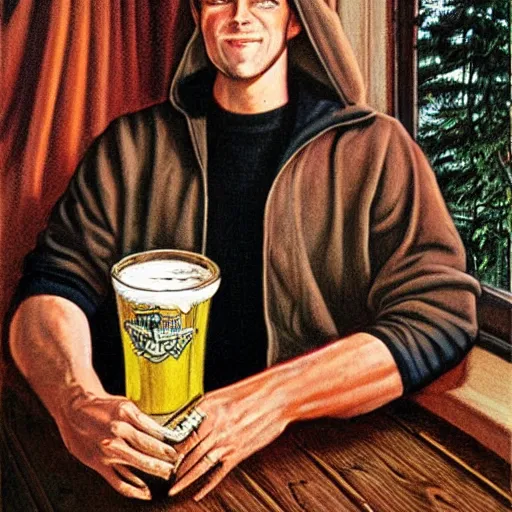 Image similar to Wolf wearing black sweatshirt, holding beer, artwork by Earl Norem,