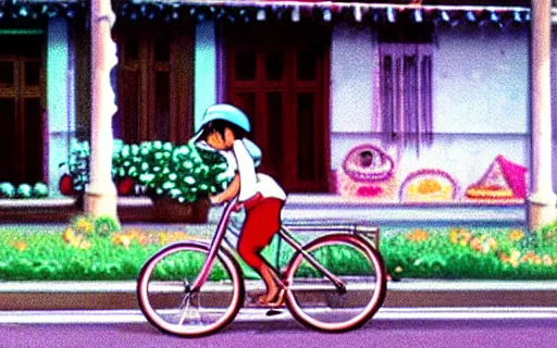 Prompt: a young girl riding a bike with a basket in a small town, 1970s philippines, art by hayao miyazaki, studio ghibli film, hi res, 4k, detailed!!!!!!! face!!!!!!!