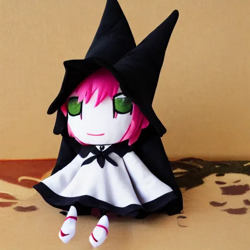 Prompt: rather sad and gloomy witch girl cute fumo plush