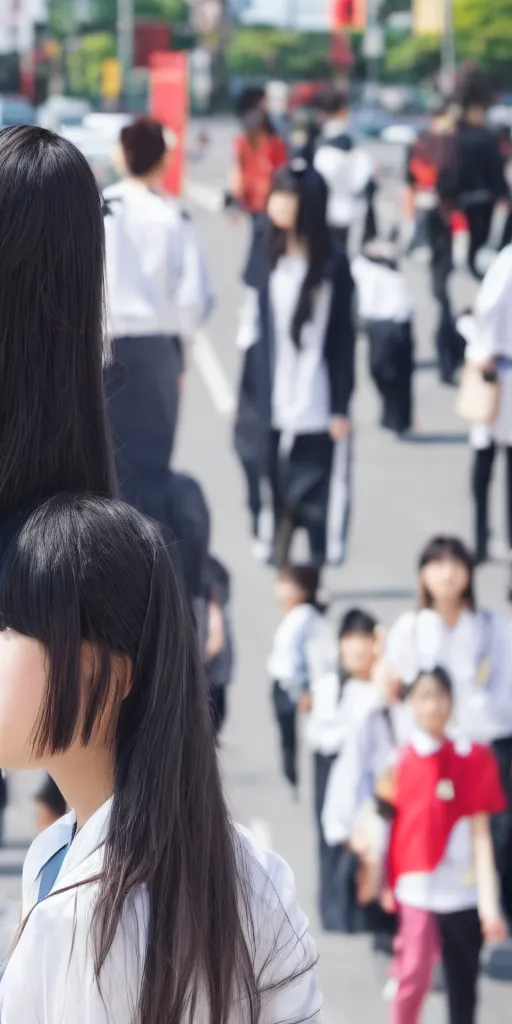 Prompt: a beautiful girl with long hair on japanese uniform high school waiting on a crosswalk daylight, 8 k