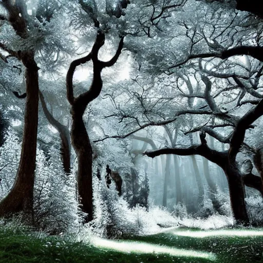 Image similar to a fantasy landscape with white beautiful trees