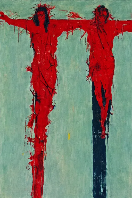 Image similar to bloody jesus christ crucified painted by cy twombly and andy warhol