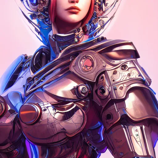 Image similar to studio portrait of lawful good colorful female holy mecha paladin absurdly beautiful, elegant, young sensual graceful woman, ultrafine hyperrealistic detailed face illustration by kim jung gi, irakli nadar, intricate linework, sharp focus, bright colors, matte, octopath traveler, final fantasy, unreal engine highly rendered, global illumination, radiant light, intricate environment