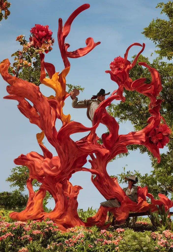 Image similar to a cowboy turning into blooms. tropical sea slugs, tractor tires. complementary colors. national geographic. 8 k, rendered in octane, smooth gradients. sculpture by antonio canova. red accents. by slim aarons, by zhang kechun, by lynda benglis