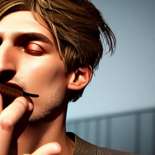 Image similar to a high quality photo of xqc smoking a cigar, 3d scene, render, ultra realistic, artstation, cgsociety