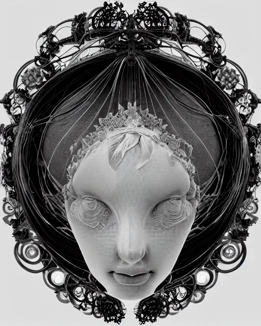 Image similar to mythical dreamy black and white organic bio-mechanical spinal ribbed profile face portrait detail of translucent steampunk beautiful siamese females angelic-human-queen-vegetal-cyborg, highly detailed, intricate trnaslucent ivy jelly ornate, poetic, translucent roses ornate, 3D render, digital art, octane render, 8K artistic photography, photo-realistic, by Dora Maar