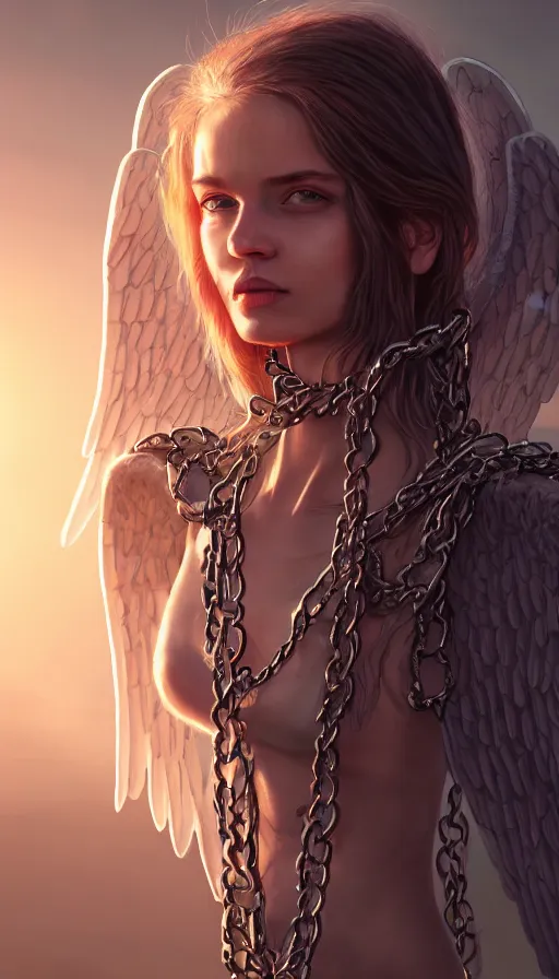 Prompt: a sad portrait of an angel with boned wings blocked by chains covered by vegeration, sunset, bright light, hyperdetailed, artstation, cgsociety, 8 k