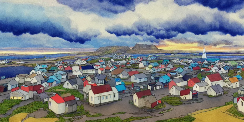 Image similar to a beautiful painting of a icelandic fishing village, storm clouds gathering over the town, by studio ghibli 8 k pastel colours, isometric drone shot smeared watercolours, golden light film grain