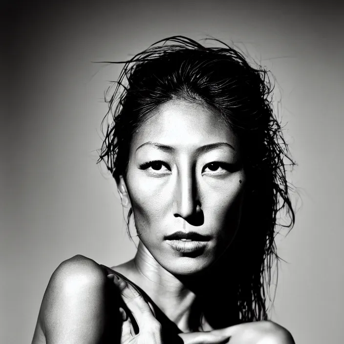 Image similar to photography face portrait on a tropical background of a beautiful woman like dichen lachman, black and white photography portrait, skin grain detail, high fashion, studio lighting film noir style photography, by richard avedon, and paolo roversi, nick knight, hellmut newton,