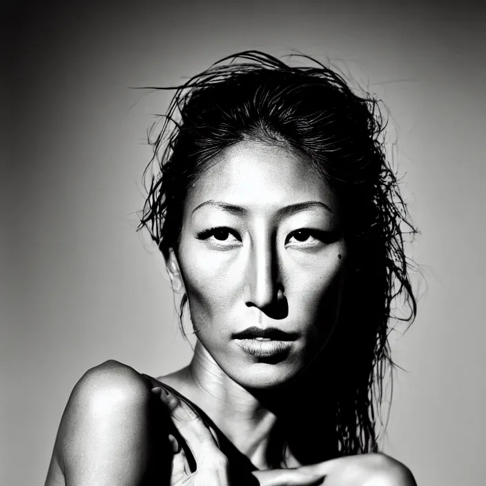 Prompt: photography face portrait on a tropical background of a beautiful woman like dichen lachman, black and white photography portrait, skin grain detail, high fashion, studio lighting film noir style photography, by richard avedon, and paolo roversi, nick knight, hellmut newton,