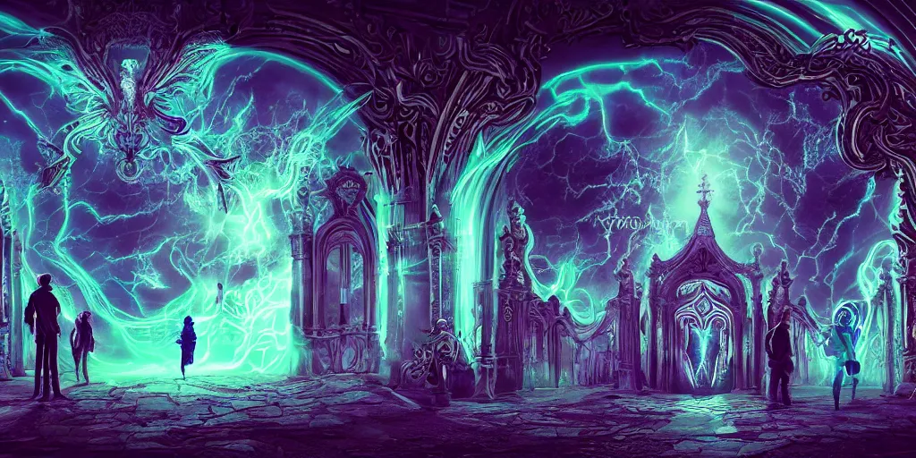Prompt: [ palate ] [ electric gothic colors ] alien soul spirits congregating in front of an intricate giant gothic gateway, god figure waiting behind the gate, vibrant neon nebulous clouds, paisley pattern clouds, hyper realistic illustration, radiant synapse light rays, photorealistic illustration, intricate and fine details, volumetric lighting, artstation