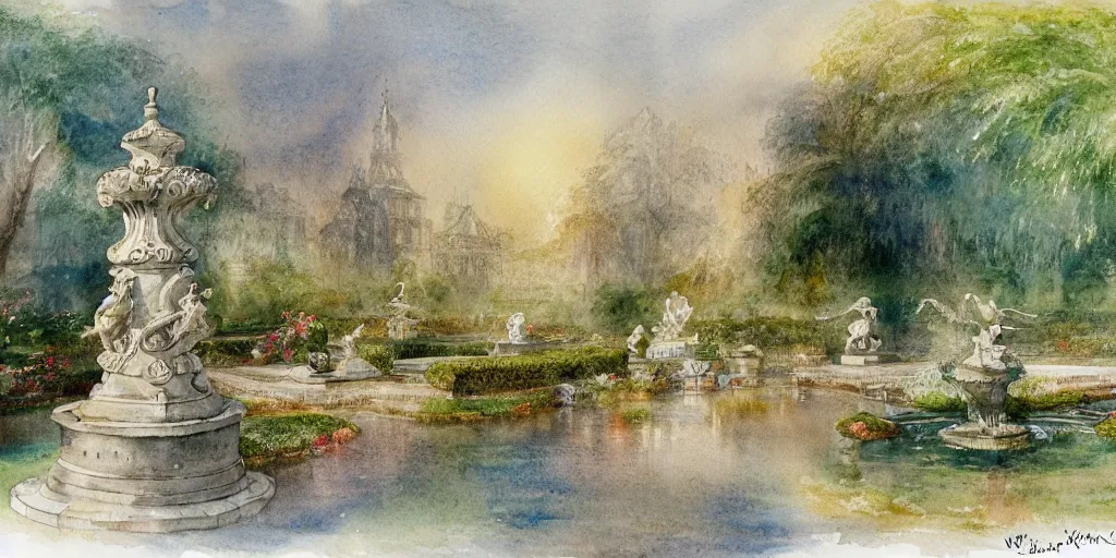 Prompt: a hiper intricate watercolor of a beatiful garden with sculptures and fountain, extremely detailed, sharp focus, elegant, wide view, smooth, digital illustration, colorfull, by william turner art, by greg rutowski