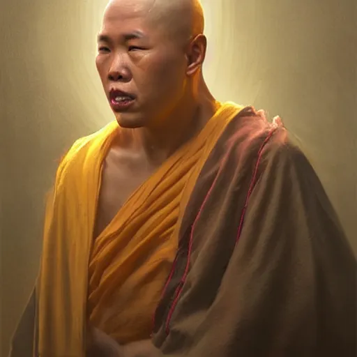 Prompt: portrait of a blindfolded monk in multicolored robes and a large straw hat, detailed face, highly detailed, cinematic lighting, digital art painting by greg rutkowski