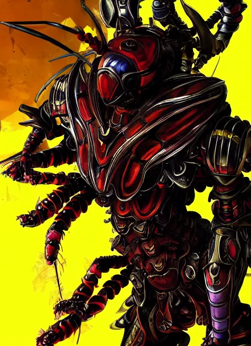 Prompt: Portrait of an insect assassin with chitin armour, emanating with menacing aura, vibrant colours, chosen by the god, ornate. In style of Yoji Shinkawa and Hyung-tae Kim, trending on ArtStation, dark fantasy, great composition, concept art, highly detailed, dynamic pose.