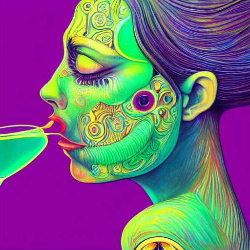 Image similar to an extremely psychedelic wideshot of an woman drinking juice, surreal, lsd, face, detailed, intricate, elegant, lithe, highly detailed, digital painting, artstation, concept art, smooth, sharp focus, illustration