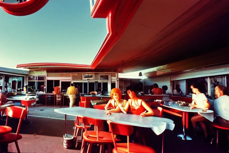 Image similar to 1 9 7 5 gumbo, people sitting at tables, googie architecture, two point perspective, americana, cooking photography, hd 4 k, taken by alex webb