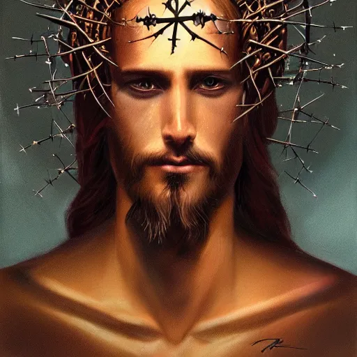 Image similar to portrait of lizard jesus, surrealist, crown of thorns, cross, christianity, intricate, elegant, highly detailed, centered, grungy, digital painting, artstation, concept art, smooth, sharp focus, boris vallejo