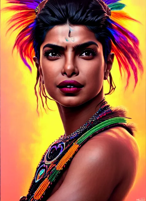 Image similar to portrait of priyanka chopra, hyper detailed ultra sharp aztec shaman warrior. trending on artstation, warpaint aesthetic, bloodwave, colorful, psychedelic, ornate, intricate, digital painting, concept art, smooth, sharp focus, illustration, art by artgerm and greg rutkowski and h. r. giger, 8 k