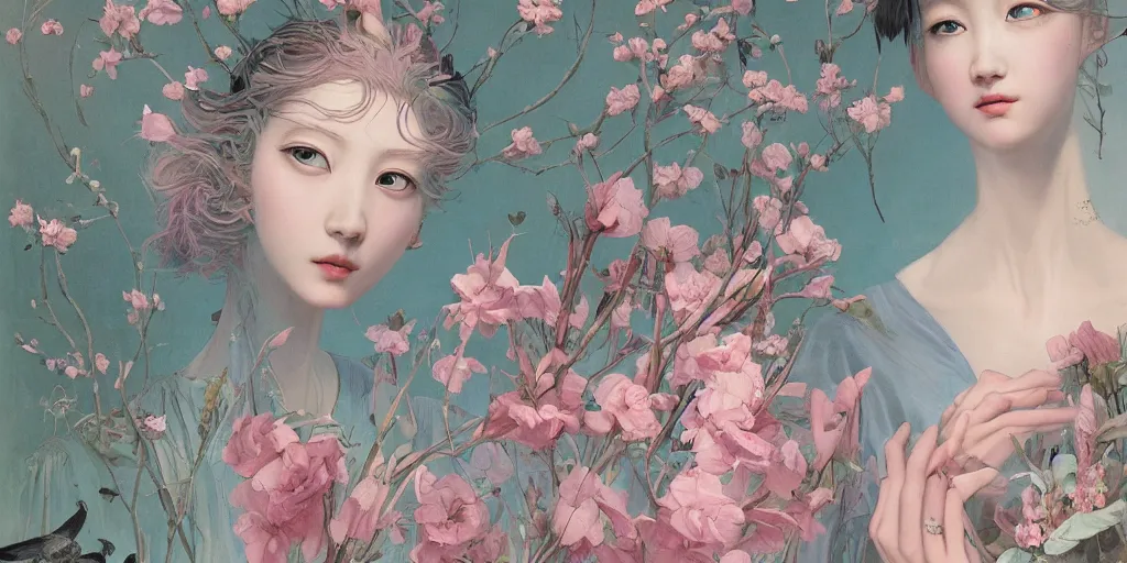 Image similar to breathtaking detailed concept art painting blend of two pink short hair goddess of light blue flowers by hsiao - ron cheng with anxious piercing eyes, vintage illustration pattern with bizarre compositions blend of flowers and fruits and birds by beto val and john james audubon, exquisite detail, extremely moody lighting, 8 k