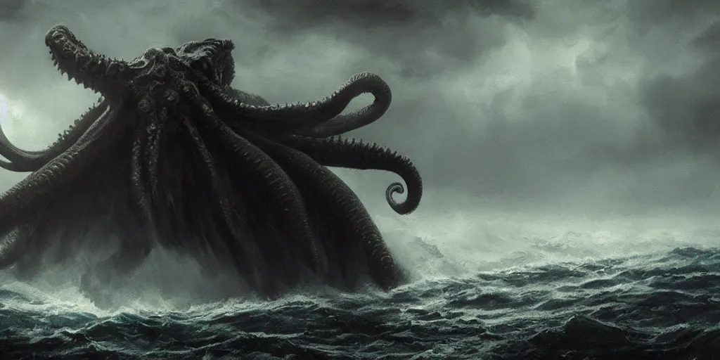 Image similar to cthulhu rising out of the ocean, hyper realistic oil painting, dark, moody cinematic lighting, creepy, fog, storm clouds, by greg rutkowski, trending on artstation