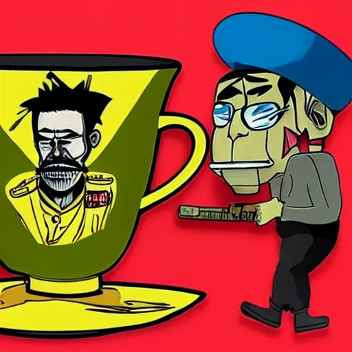 Image similar to gorillaz art depicting pancho villa in a giant cup of tea