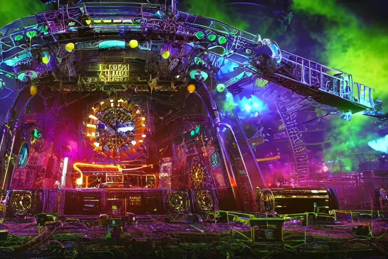 Prompt: an outdoor festival stage, text tripmachine, center of the stage is a big futuristic steampunk generator with gears and belts and tubes, surrounded by big cyberpunk speaker towers, rock musicians on the stage, laser show, 8 k, fluorescent colors, halluzinogenic, multicolored, exaggerated detailed, unreal engine