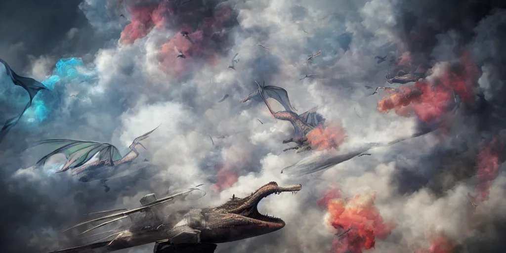 Image similar to muted colorful smoke reminiscent of dragons racing with wings outstretched, smoke, parlor, cgsociety, HDR